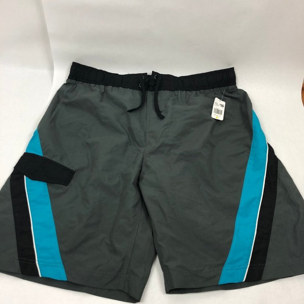 OPEN TRAILS Mens Swim Trunks Board Shorts XL NWT Gray Aqua Black Surf Beachwear